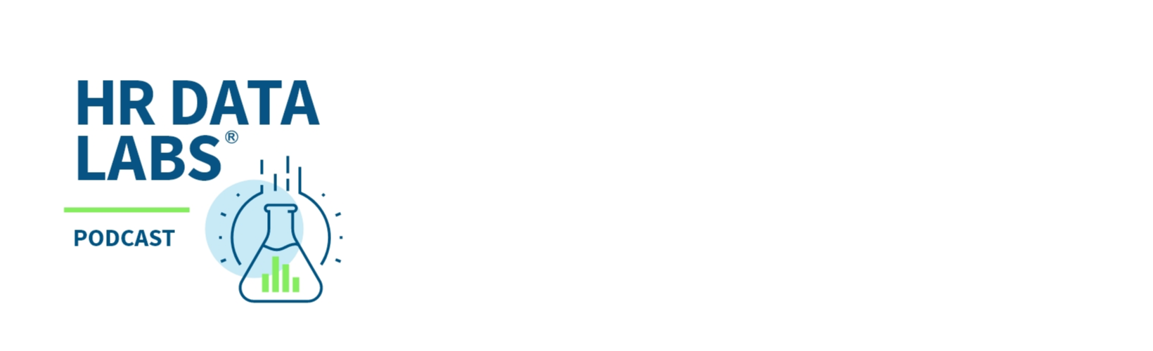 HR Data Labs Podcast logo featuring bold blue text and a flask icon with a green bar chart inside,  symbolizing data analysis and innovation.