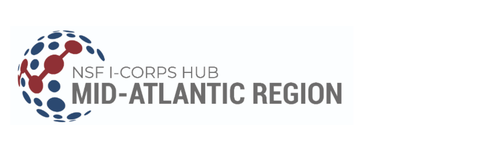 Logo for NSF I-Corps Hub, Mid-Atlantic Region. It features a spherical design with blue and red connecting dots.