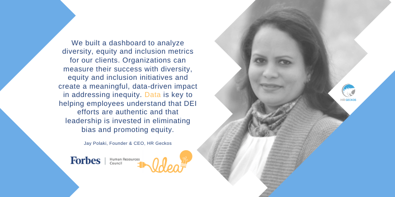 A grayscale image of a person on the right with text on the left discussing diversity, equity, and inclusion metrics using a dashboard. The text includes a quote from Jay Polaki, Founder & CEO, alongside logos for Forbes, Human Resources Council, and Idea.