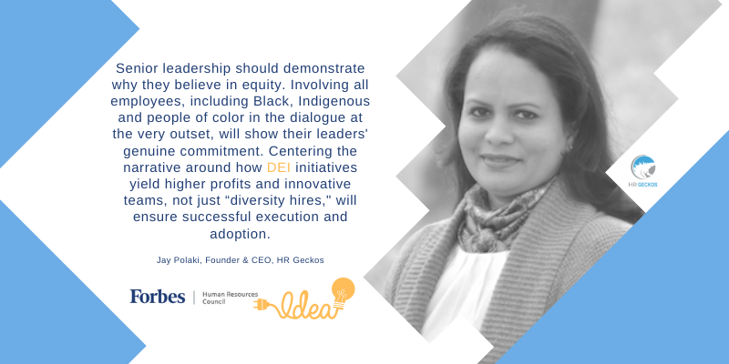 A grayscale portrait of a woman beside a quote on DEI from Jay Polaki. Logos of Forbes, HR Council, and HR Geckos on a blue and white background.