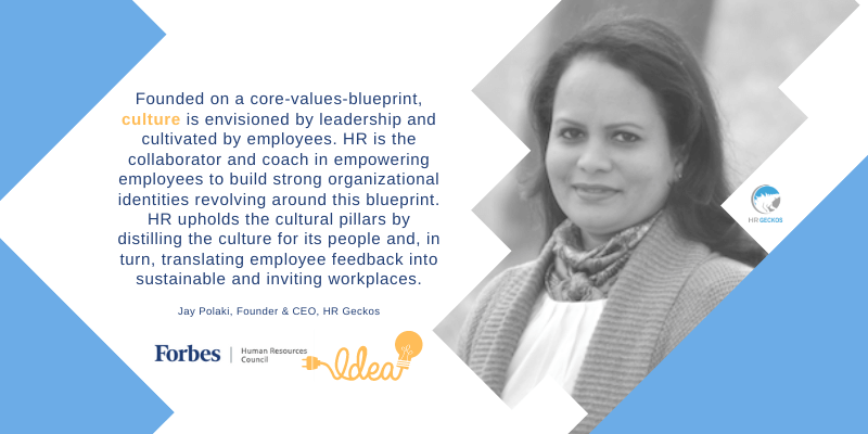Monochrome photo of a person on the right, next to a blue background with text about HR, culture, and leadership. Forbes and Idea logos are at the bottom.