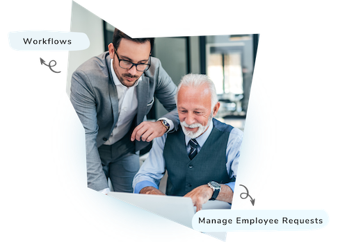 A young man in a suit assists an older man at a laptop, both smiling. Displaying the text 'Workflows' and  'Manage Employee Requests.' Showcasing HR requests digitally, showcasing the benefits of automation and streamlined workflows.