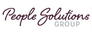 Logo of People Solutions Group with 'People Solutions' in elegant cursive maroon and 'GROUP' in uppercase gray, set against a white background, partner of HR Geckos.