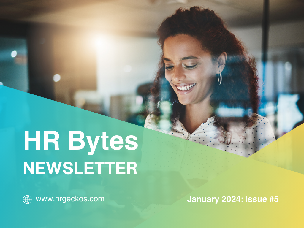 Smiling woman using a smartphone in an office setting with blurred background. Text overlay reads 'HR Bytes Newsletter,' 'www.hrgeckos.com,' and 'January 2024: Issue #5.'